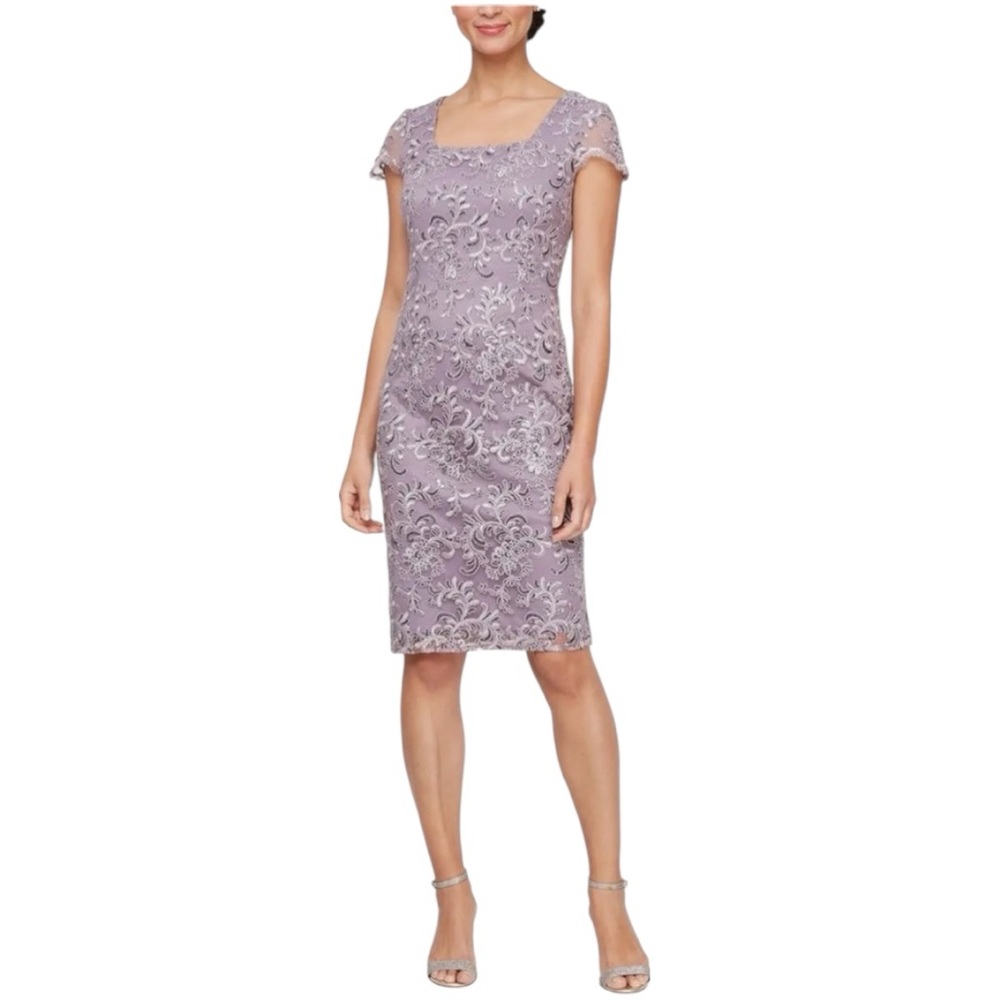 Alex Evenings Lace Embroidered Sheath Dress Size 12 In Wisteria